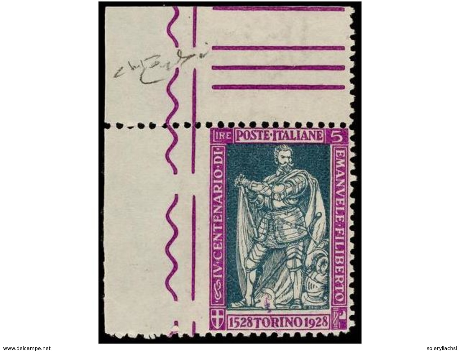 ** ITALIA. Sa.229m. 1928. 5 Liras Violeta Y Verde SIN DENTAR MARGEN IZQUIERDO. MAGNÍFICO Y MUY RARO. Cert. RAYBAUDI. - Altri & Non Classificati