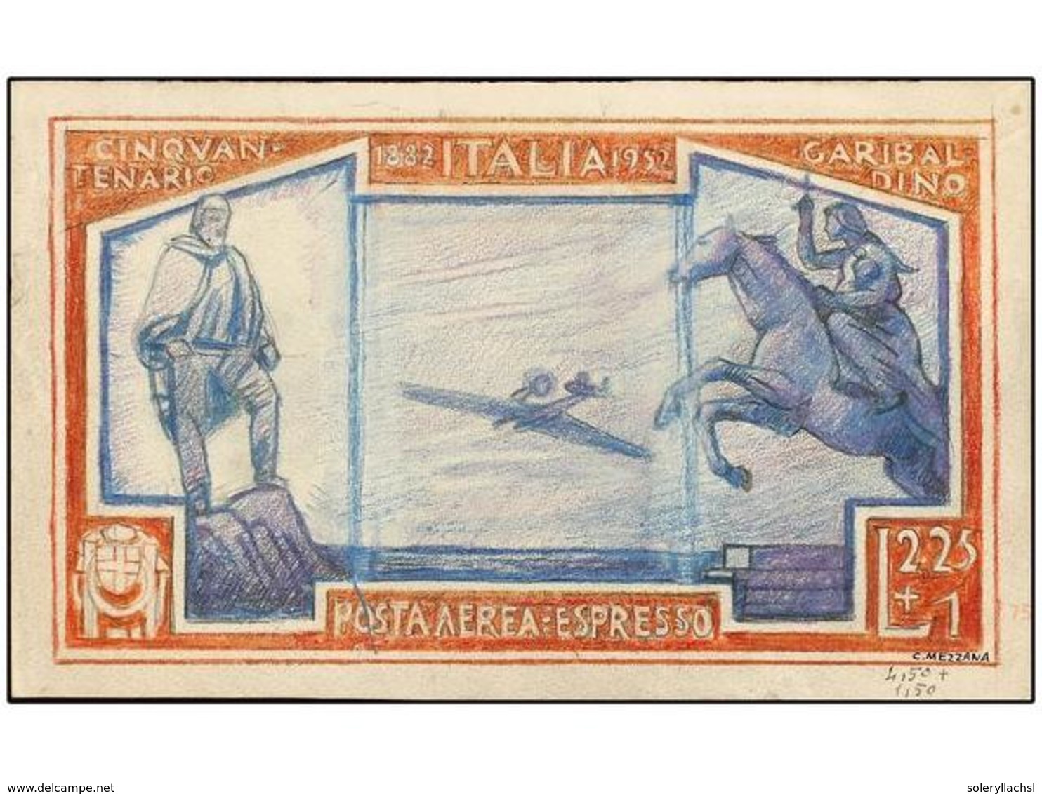 ITALIA. 1932. CENTENARIO GARIBALDINA. Diseño Original (20 X 12 Cm.) Para El Sello Posta Aerea - Espresso De 2,25 + 1 Lir - Altri & Non Classificati