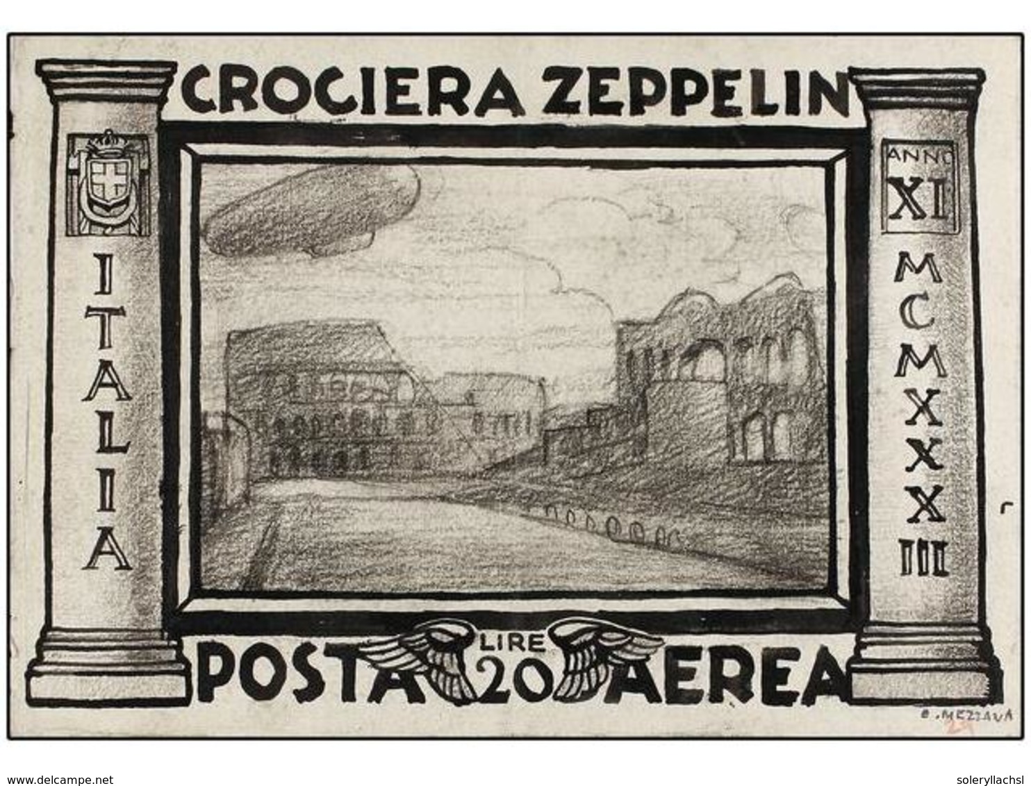 ITALIA. 1933. CROCIERA ZEPPELIN. Diseño Original (21,5 X 15 Cm) Realizado A Lápiz Y Tinta China En Color Negro Con Valor - Autres & Non Classés