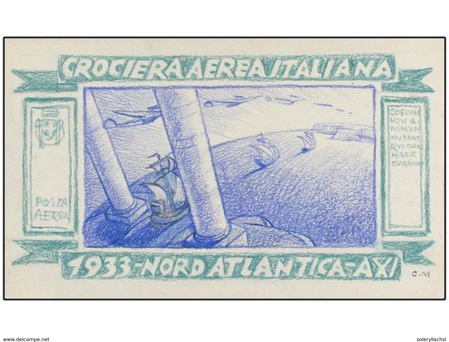 ITALIA. 1933. CROCIERA NORD ATLANTICA. Diseño Original (20 X 12 Cm.). Diseño Original Realizado A Lápiz En Colores Azul  - Andere & Zonder Classificatie