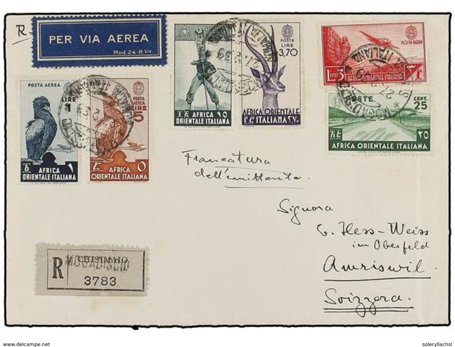 AFRICA ORIENTAL ITALIANA. Sa.5, 7, 17, A5, A8, A9. 1939. MOGADISCO A SUIZA. Precioso Franqueo, Al Dorso Llegada. - Autres & Non Classés