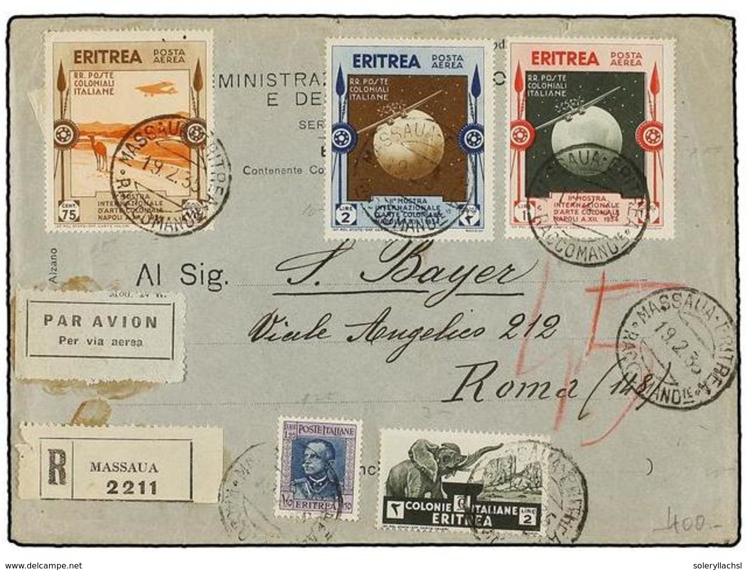 ERITREA. Sa.A3, A5, A6, 201, 210. 1935. MASSAUA A ROMA. Espectacular Y Raro Franqueo Circulada Por Correo Aéreo Certific - Autres & Non Classés