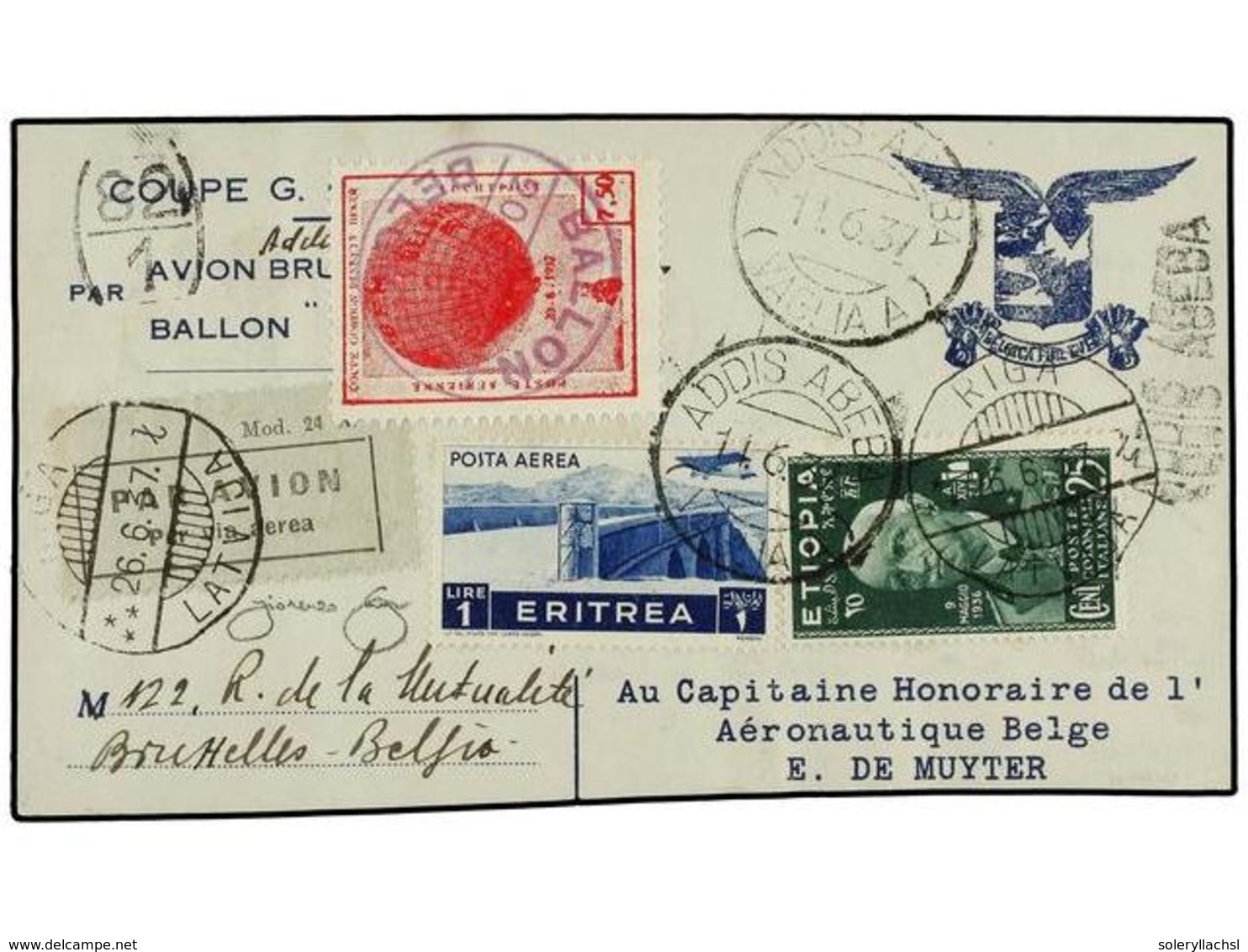 ETIOPIA. 1937 (II-VI). COPA GORDON BENNET. (Vuelo Bruselas-Riga En El 'Ballon Bélgica'). Hoja De Papel (normalmente Usad - Andere & Zonder Classificatie