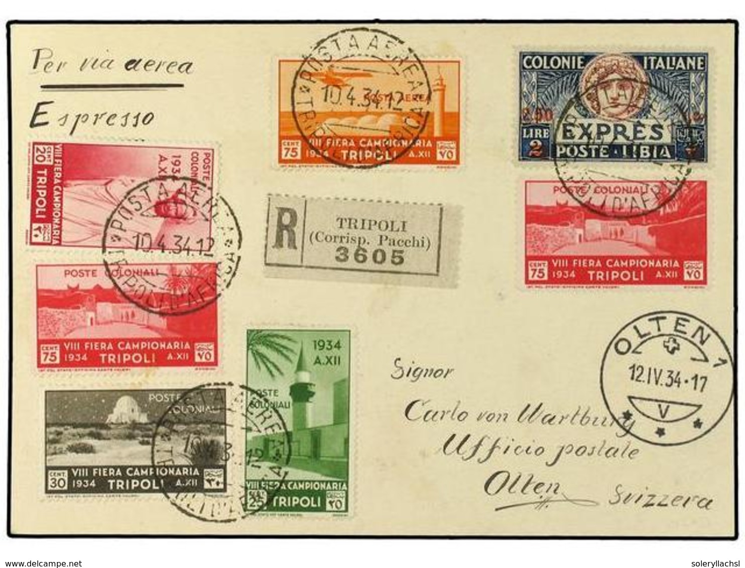 LIBIA. 1934. Express Airmail Card To Switzerland Franked By 2 L. 50 C. On 2 Lire Express Stamp And 1934 8th Fiera Campio - Sonstige & Ohne Zuordnung