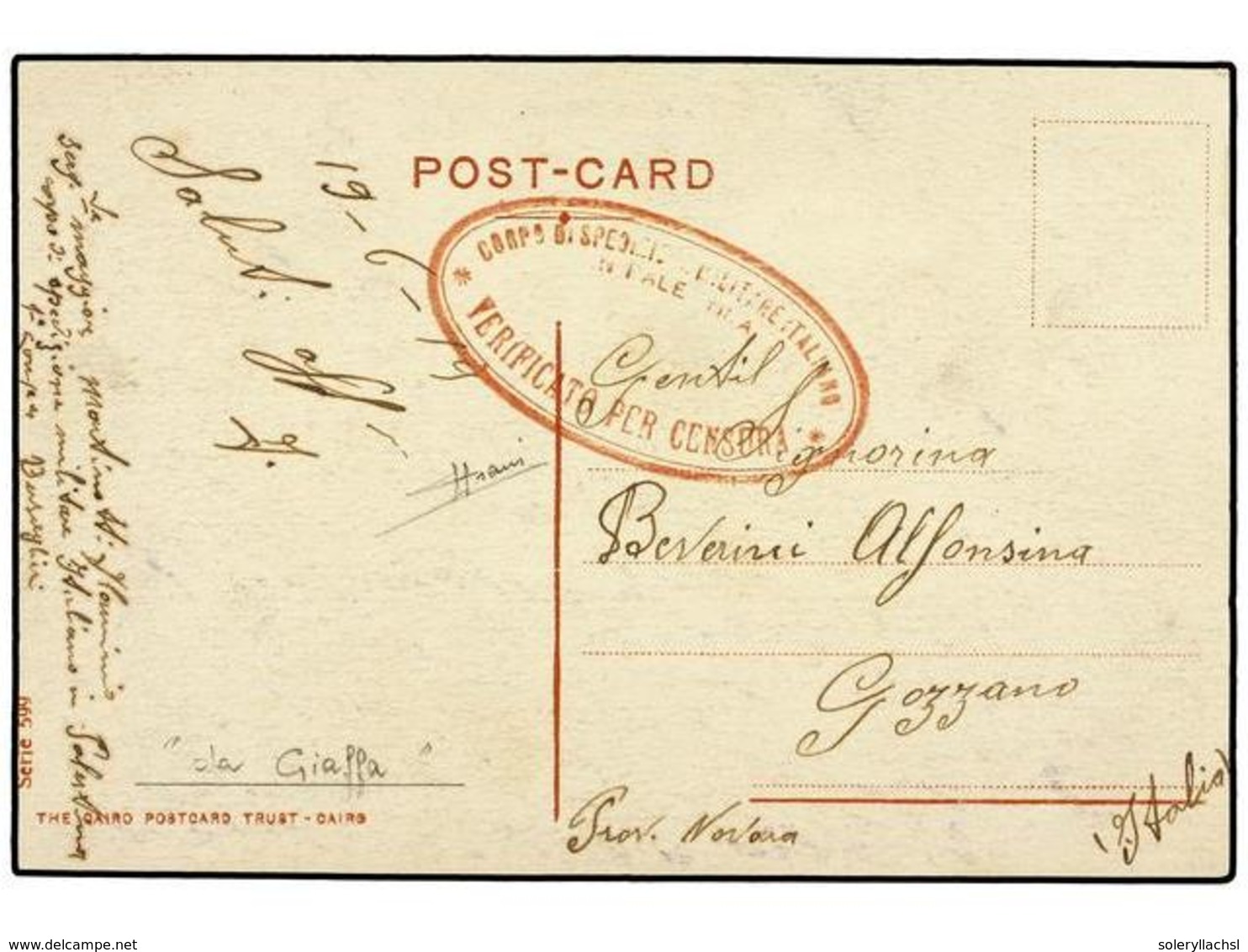 PALESTINA. 1919 (19-Junio). DESTACAMENTO ITALIANO EN PALESTINA. JAFFA A ITALIA. Tarjeta Postal Con Marca Ovalada CORPO D - Autres & Non Classés