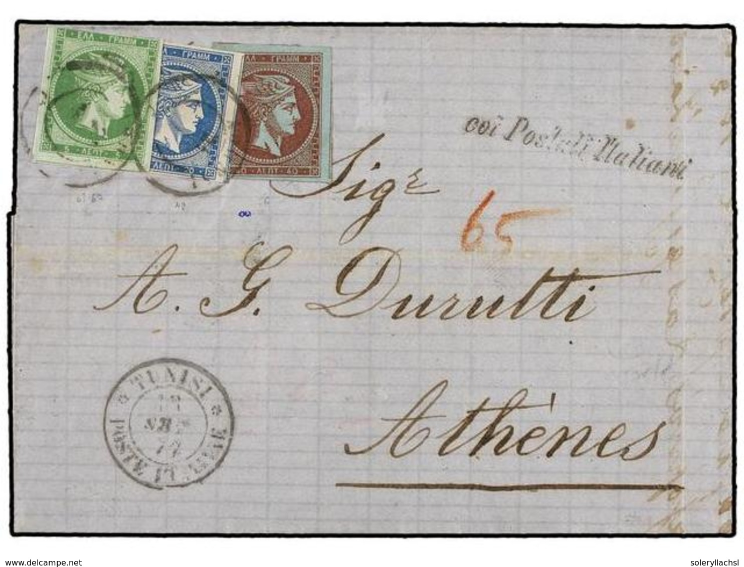 TUNEZ. Mi.39, 41, 42. 1872. Cover From TUNIS To ATHENS Sent Unpaid, Struck With Fine TUNISI / POSTE ITALIANE Datestamp O - Sonstige & Ohne Zuordnung