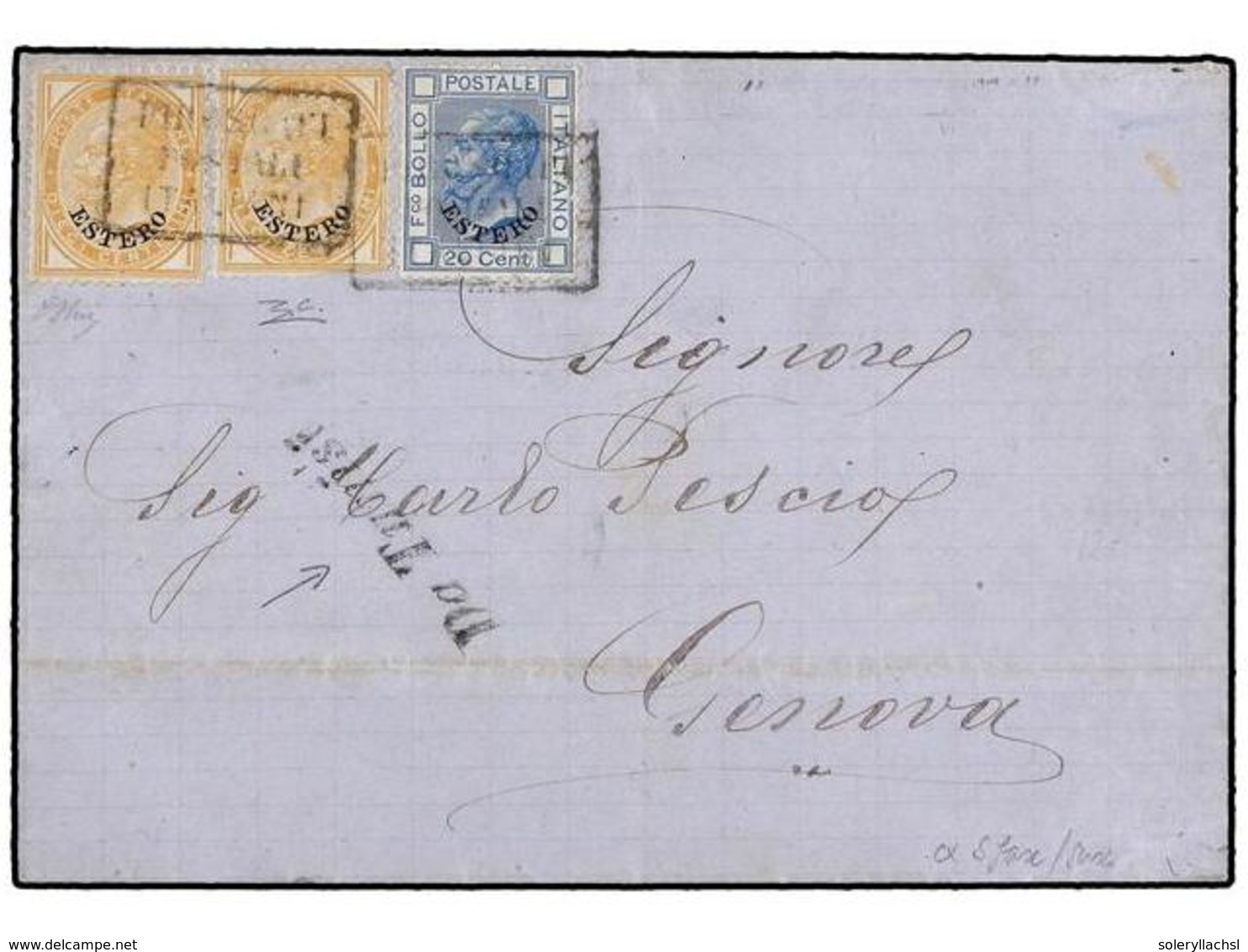 TUNEZ. 1876. SFAX A GÉNOVA. Envuelta Franqueada Con Sellos De ESTERO De 10 Cts. Ocre (2) Y 20 Cts. Azul, Mat. PIROSCAFI/ - Autres & Non Classés