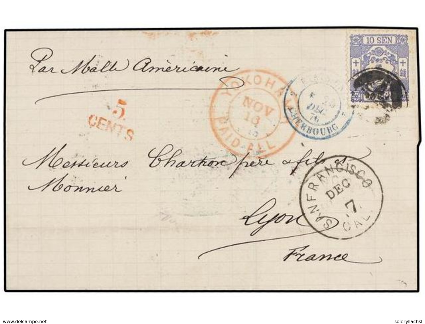 JAPON. 1876. YOKOHAMA To LYON. Letter Sheet Franked With 10 Sen Blue Tied With CORK Cancel And YOKOHAMA/PAID-ALL In Red. - Autres & Non Classés