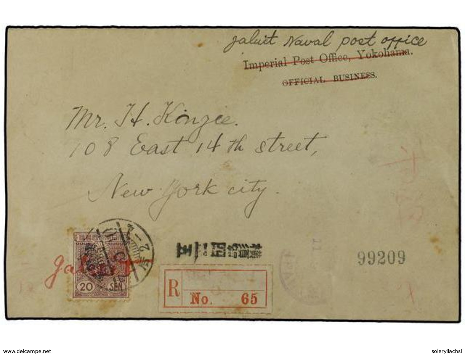 JAPON. 1918 (May 7). Registered Cover From The Japanese Naval Base At Jaluit, Marshall Islands Bearing Japan 20s. Red-vi - Altri & Non Classificati