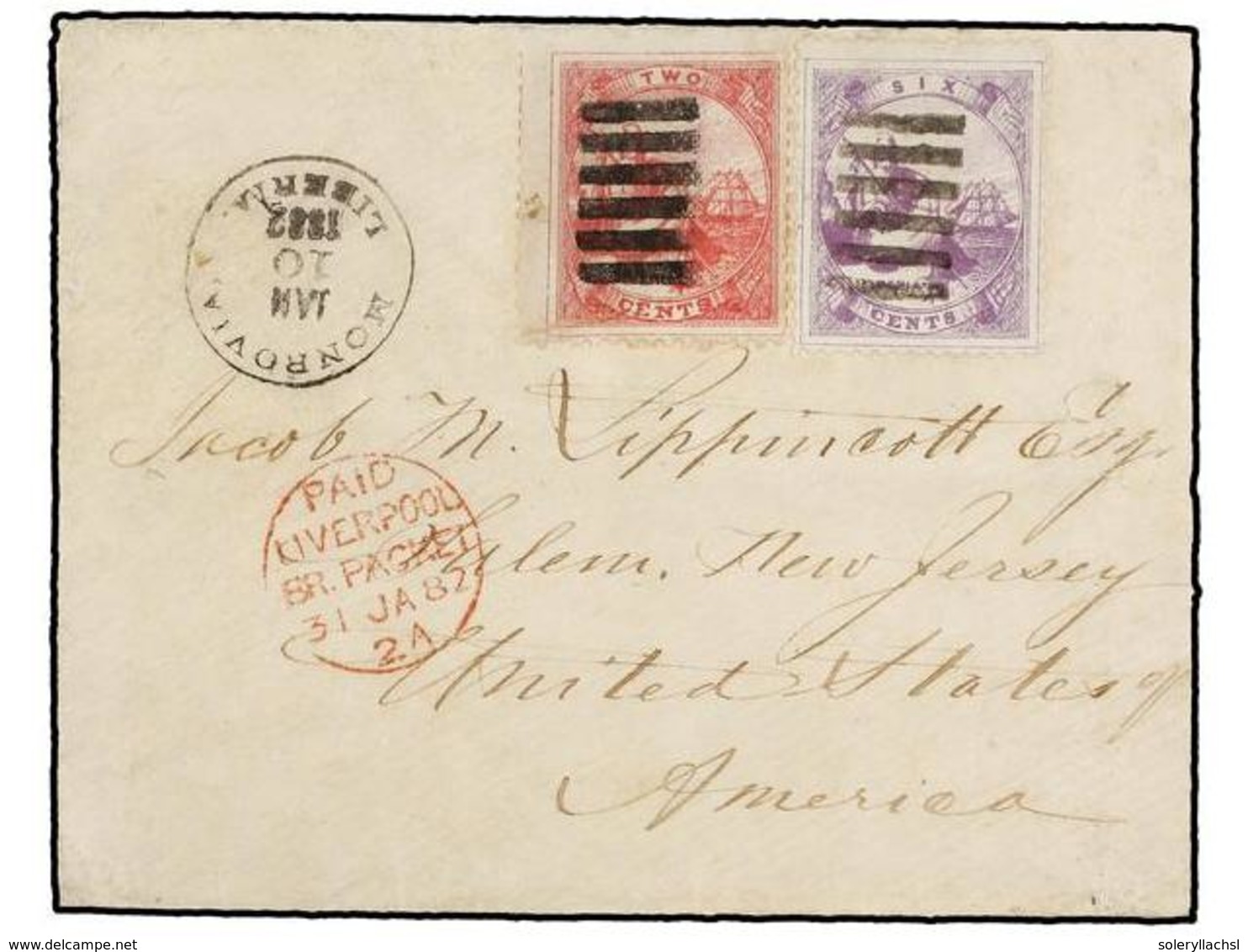LIBERIA. 1882. MONROVIA To U.S.A. Envelope Franked With 2 Cts. Rose And 6 Cts. Lilac Tied With Paralel Bars And MONROVIA - Autres & Non Classés