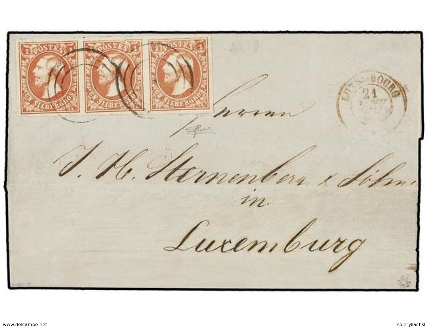 LUXEMBURGO. 1853. LUXEMBURG Correo Interior. 1 S. Rojo Castaño, Tira De Tres, Dirección Retocada, Falta Parte Del Dorso  - Andere & Zonder Classificatie