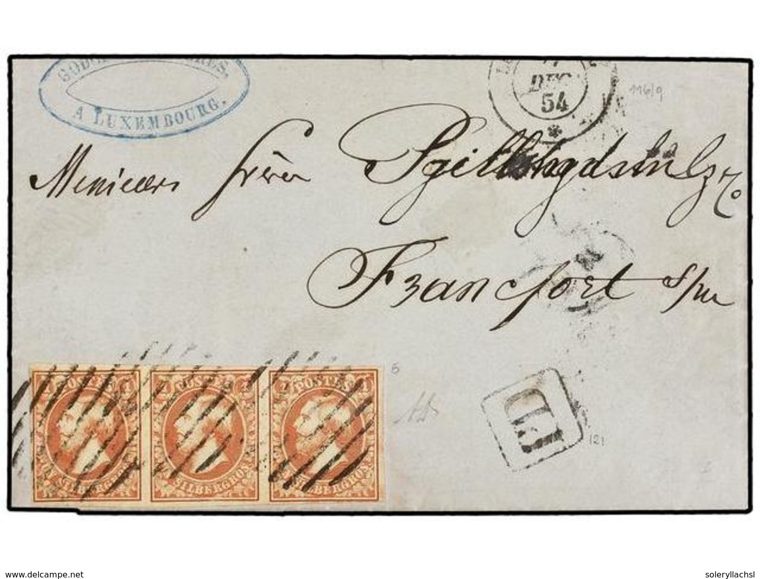 LUXEMBURGO. 1854. 1 Sgr. Red-brown, Fresh Strip Of Three, Clear To Large Margins, Tied By Ovals Of NINE BARS On DECEMBER - Andere & Zonder Classificatie