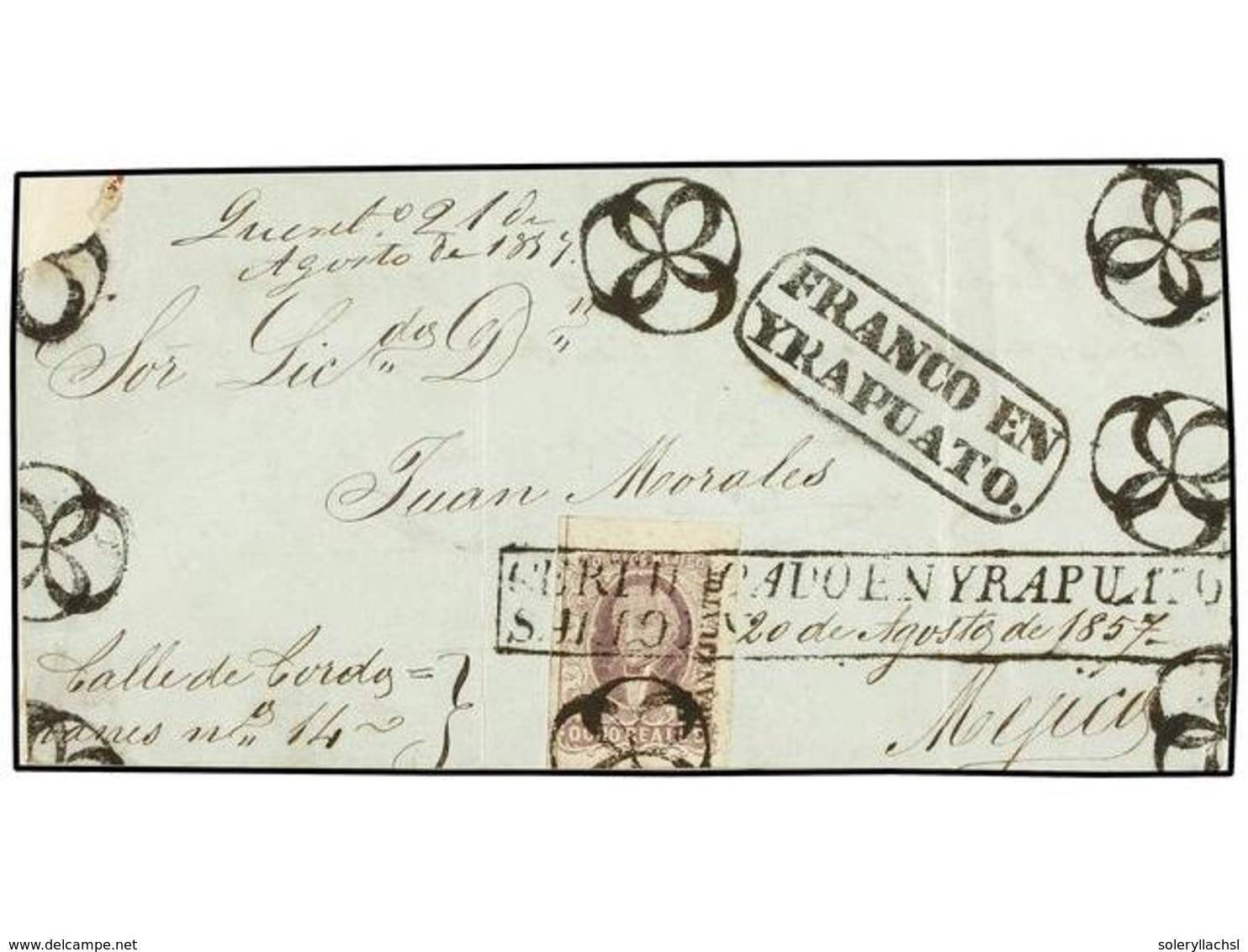 MEXICO. Sc.5. 1857. Frente De CARTA CERTIFICADA Circulada De YRAPUATO A MÉXICO Con 8 Reales Lila. Matasellos CERTIFICADO - Sonstige & Ohne Zuordnung