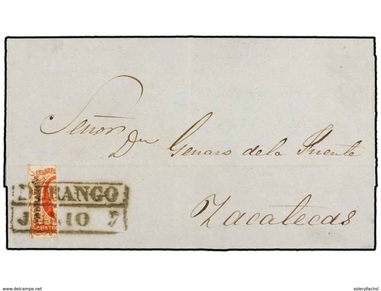 MEXICO. Sc.4a. 1858. DURANGO A ZACATECAS. 4 Reales Rojo, Bisectado Vertical (mitad Izquierda). MAGNÍFICA. - Autres & Non Classés