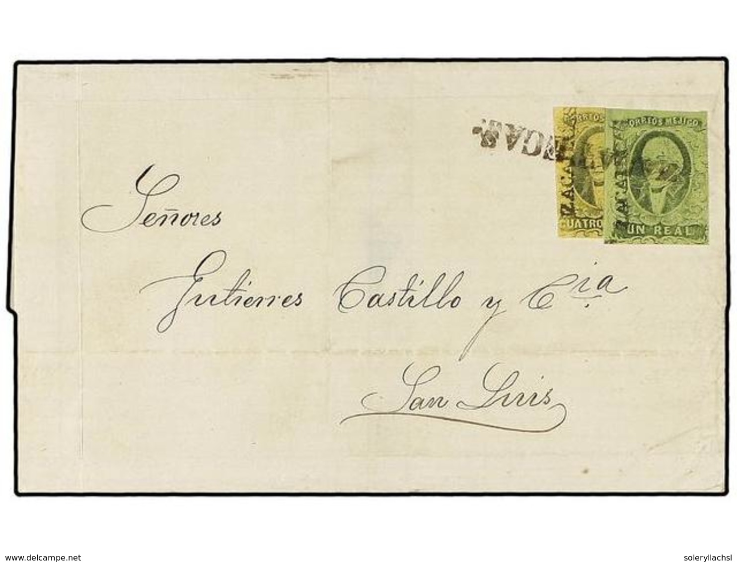 MEXICO. Sc.7, 9a. 1861. 1r. Black On Green And Vertically Bisected 4r. Black On Yellow, Tied To Cover To SAN LUIS POTOSI - Altri & Non Classificati