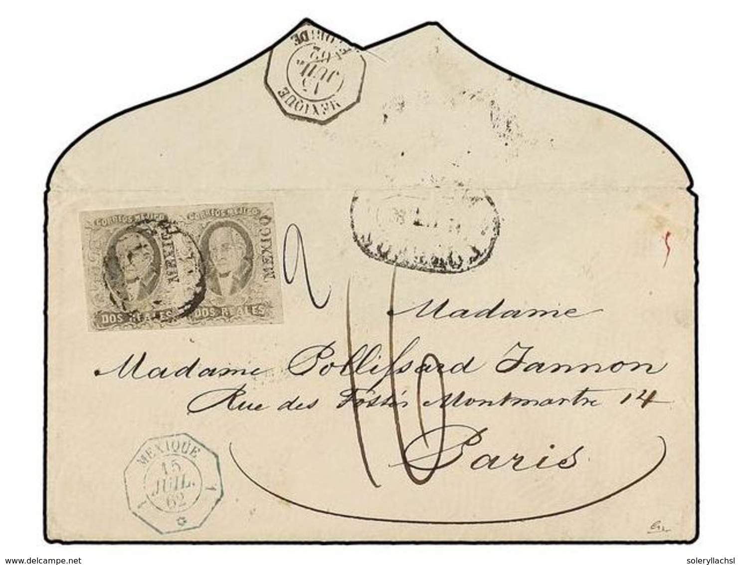 MEXICO. Sc.8. 1862 (July 15). Cover To PARIS Franked By 1861 2 Reales Black On Rose Pair Cancelled By MEXICO Mute Cancel - Andere & Zonder Classificatie