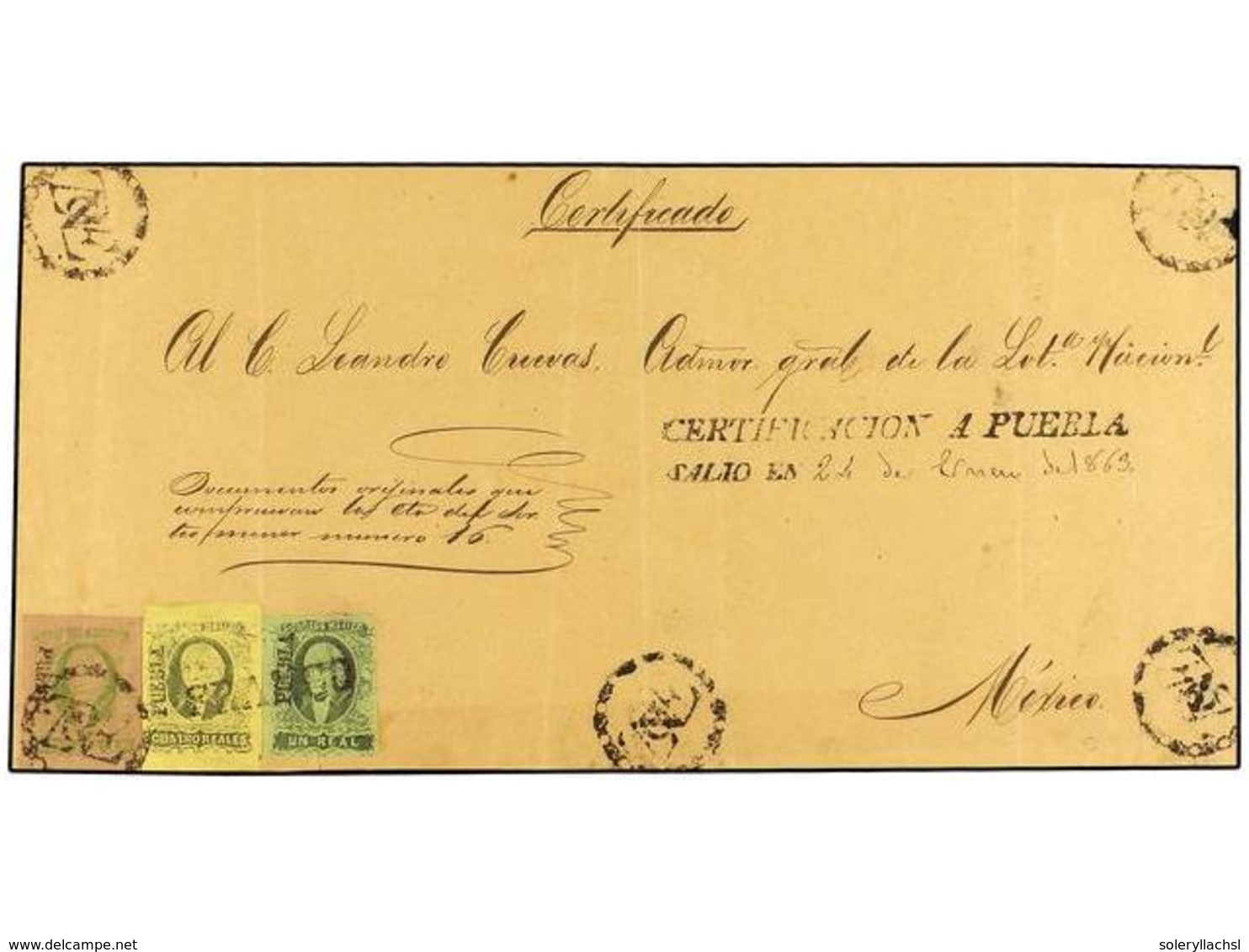 MEXICO. Sc.7, 9, 12. 1863. FRONTAL De CARTA CERTIFICADA De PUEBLA A MÉXICO. 1 Real Negro S. Verde, 4 Reales Negro S. Ama - Altri & Non Classificati