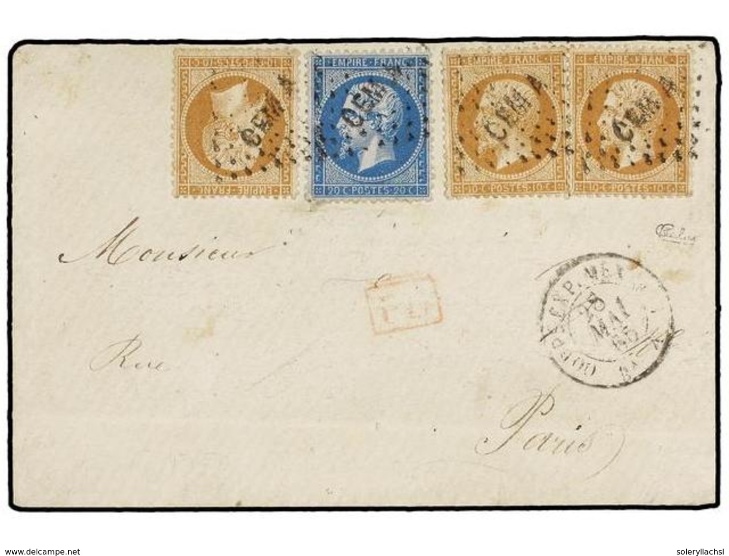 MEXICO. Yv.21, 22. 1865. MÉXICO A PARÍS. 10 Cts. Bistre (3) Y 20 Cts. Azul Mat. Rombo De Puntos CEM A Y Fechador CORPS E - Altri & Non Classificati