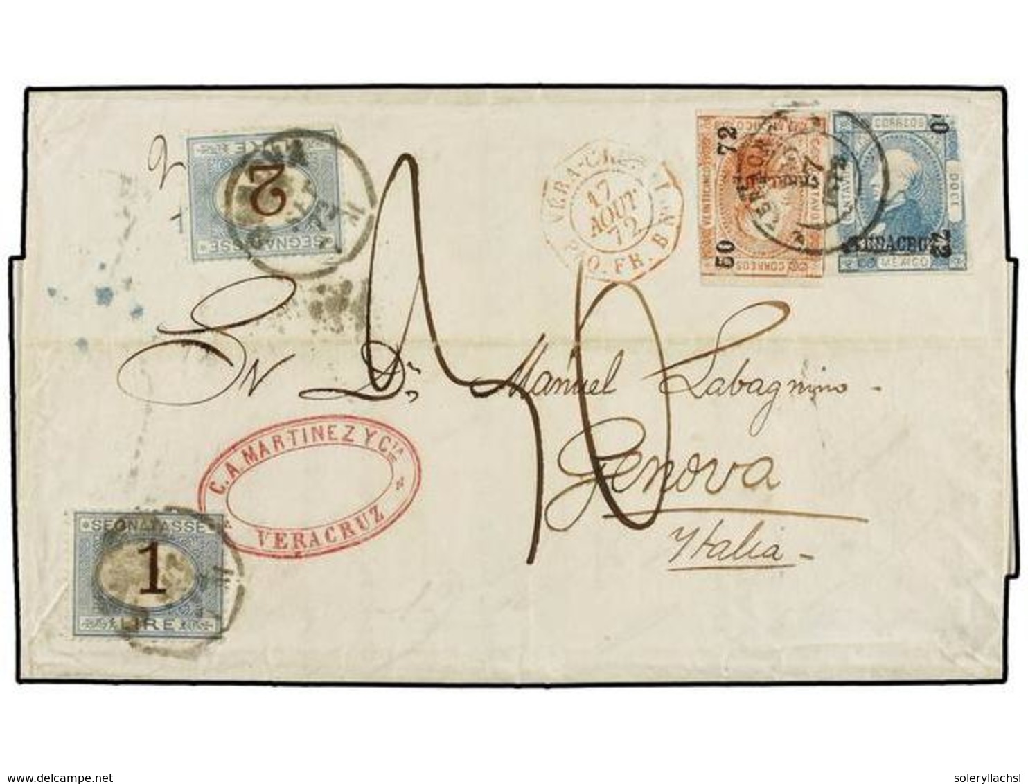 MEXICO. 1872. VERACRUZ A GÉNOVA. Circulada Con Sellos De 12 Ctvos. Azul Y 25 Ctvos. Rojo, Fechador Octogonal VERACRUZ/PA - Altri & Non Classificati