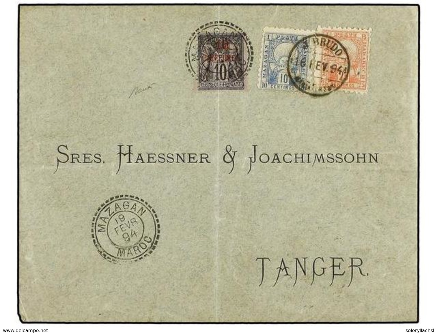 MARRUECOS: CORREO LOCAL. Yv.47, 49. 1894. MARRAKECH A TANGER. Circulada Con Sellos Locales De 10 Cts. Azul Y 25 Cts. Ros - Sonstige & Ohne Zuordnung