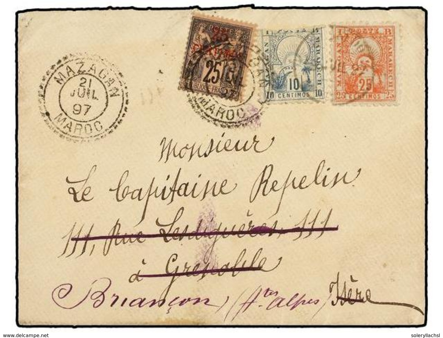 MARRUECOS: CORREO LOCAL. Yv.47, 49. 1897. MARRAKECH A FRANCIA. Circulada Con Sellos Del Correo Local De 10 Cts. Azul (de - Autres & Non Classés