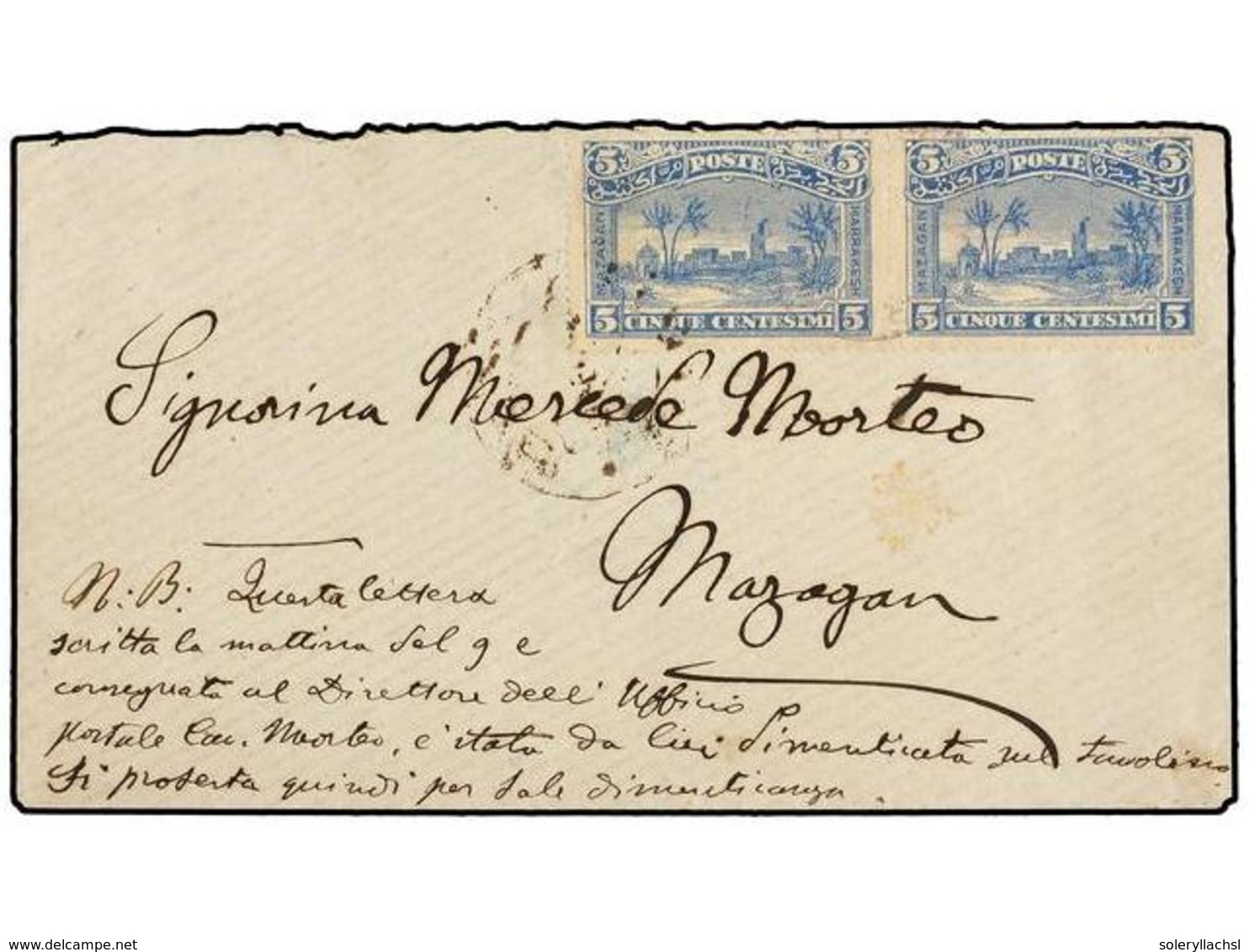 MARRUECOS: CORREO LOCAL. Yv.53 (2). 1898. MARRAKECH A MAZAGAN. Circulada Con Sellos Locales De 5 Cts. Verde (2). Cert. B - Andere & Zonder Classificatie