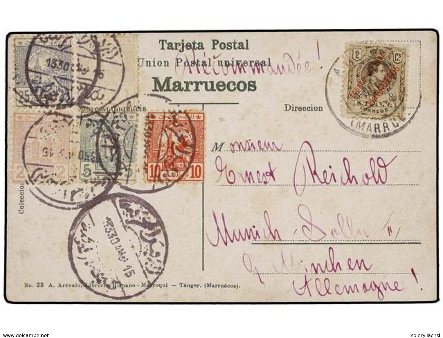 MARRUECOS. 1915. TANGER A ALEMANIA. Tarjeta Postal Circulada Con Sello De Correo Español De 2 Cts. Y Sellos Del Correo L - Autres & Non Classés