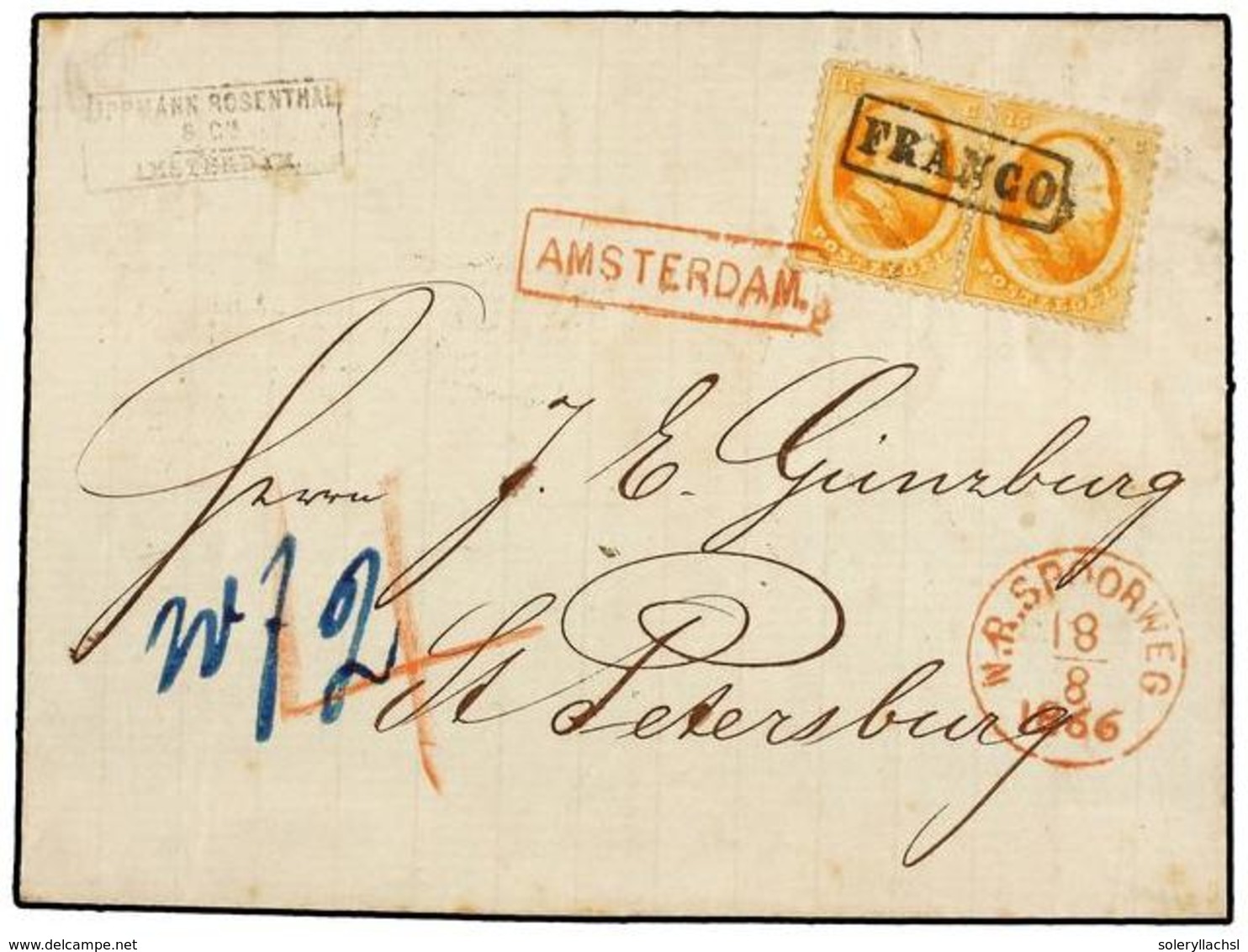 HOLANDA. 1866. AMSTERDAM To ST. PETERSBURG (Russia). 15 Cts. Orange Pair Cancelled With Boxed FRANCO And Lineal AMSTERDA - Autres & Non Classés