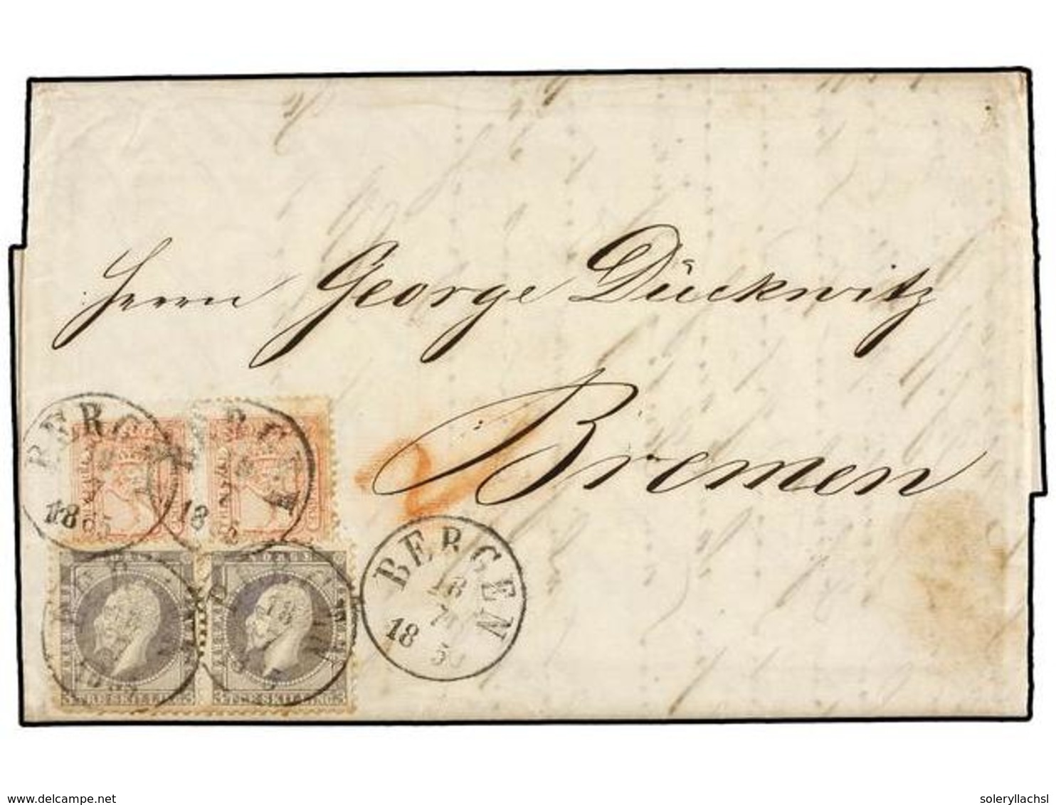 NORUEGA. 1865. BERGEN To BREMEN. Complete Cover Franked With Two 3 Sk. Grey And Two 8 Sk. Red. Some Age Stains But Unusu - Andere & Zonder Classificatie