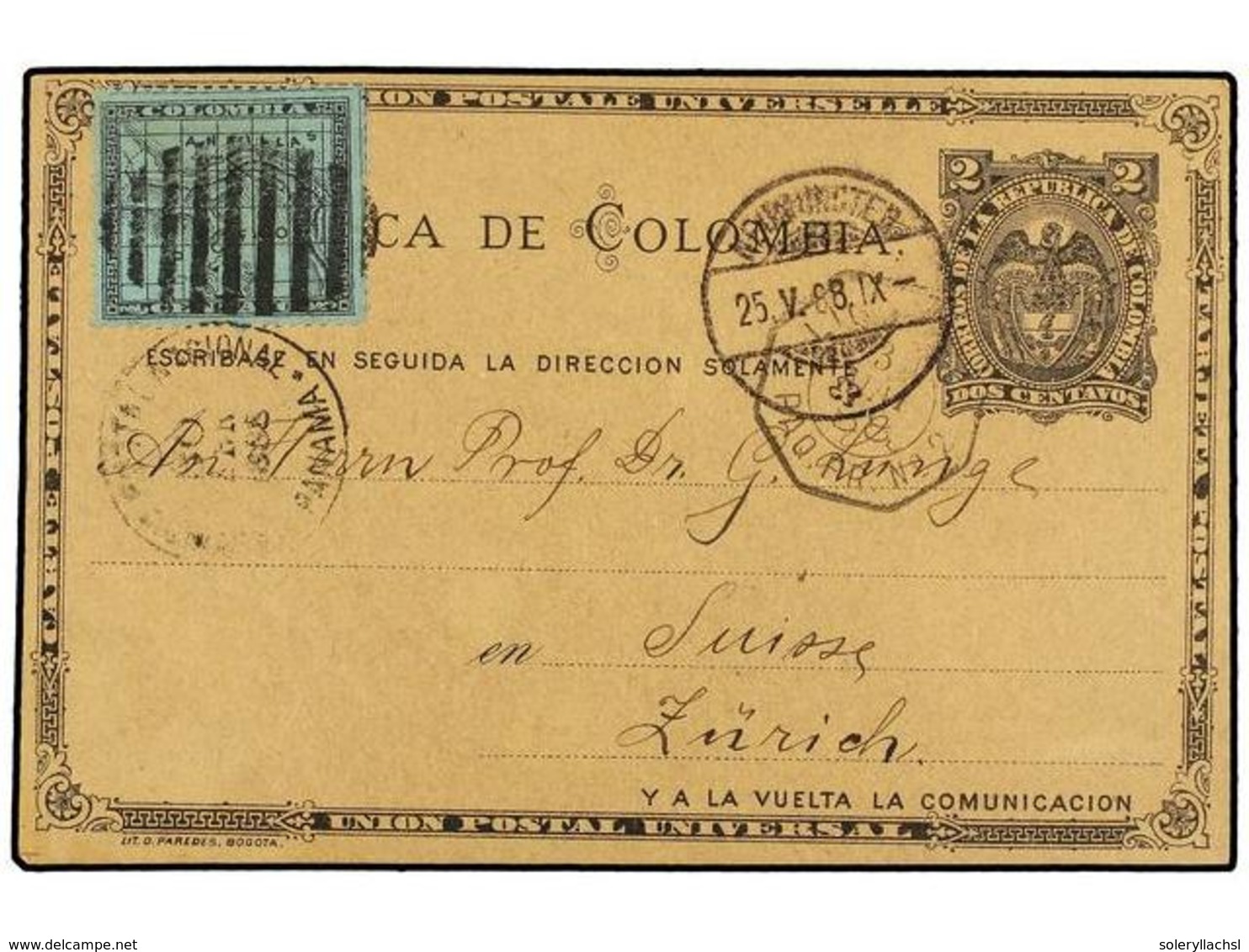 PANAMA. Sc.8. 1881. PANAMA A ZURICH. Entero Postal De Colombia Con Franqueo Adicional De 1 Cto. Negro S. Verde, Mat. Dup - Sonstige & Ohne Zuordnung