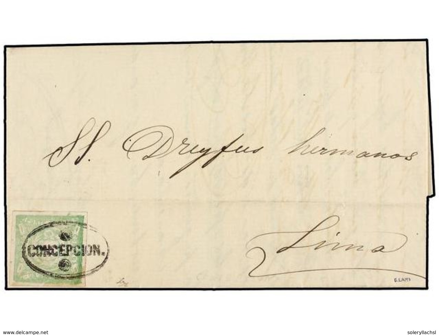 PERU. Sc.14. 1868. CONCEPCIÓN A LIMA. 1 Dinero Verde, Mat. Ovalado CONCEPCION. PRECIOSA Y RARA. - Autres & Non Classés