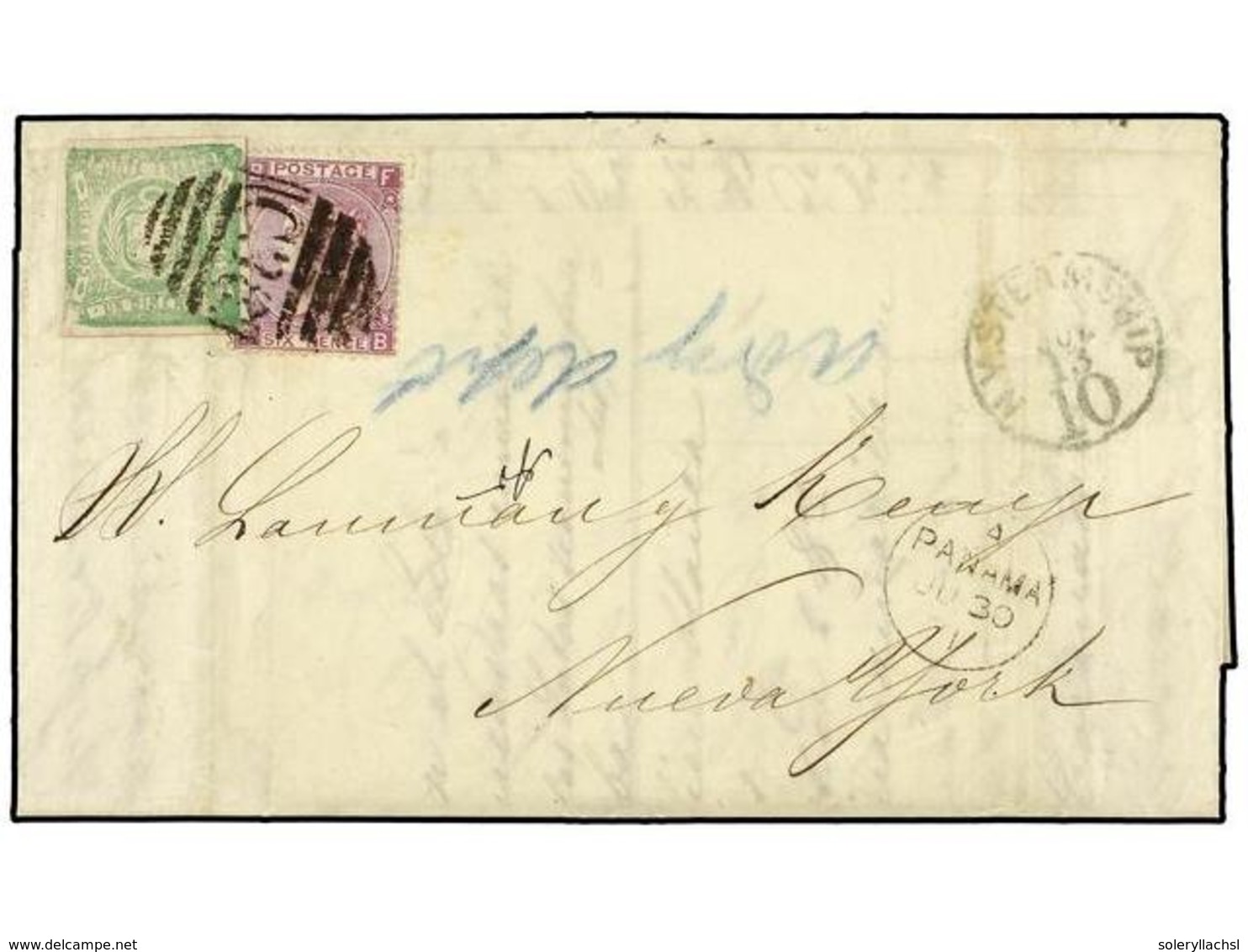 PERU. Yv.13. 1871. LIMA A NEW YORK. 1 Dinero Verde Y Sello Británico De 6 P. Lila. Mat. B.P.O. De CALLAO C38. Fechador D - Andere & Zonder Classificatie