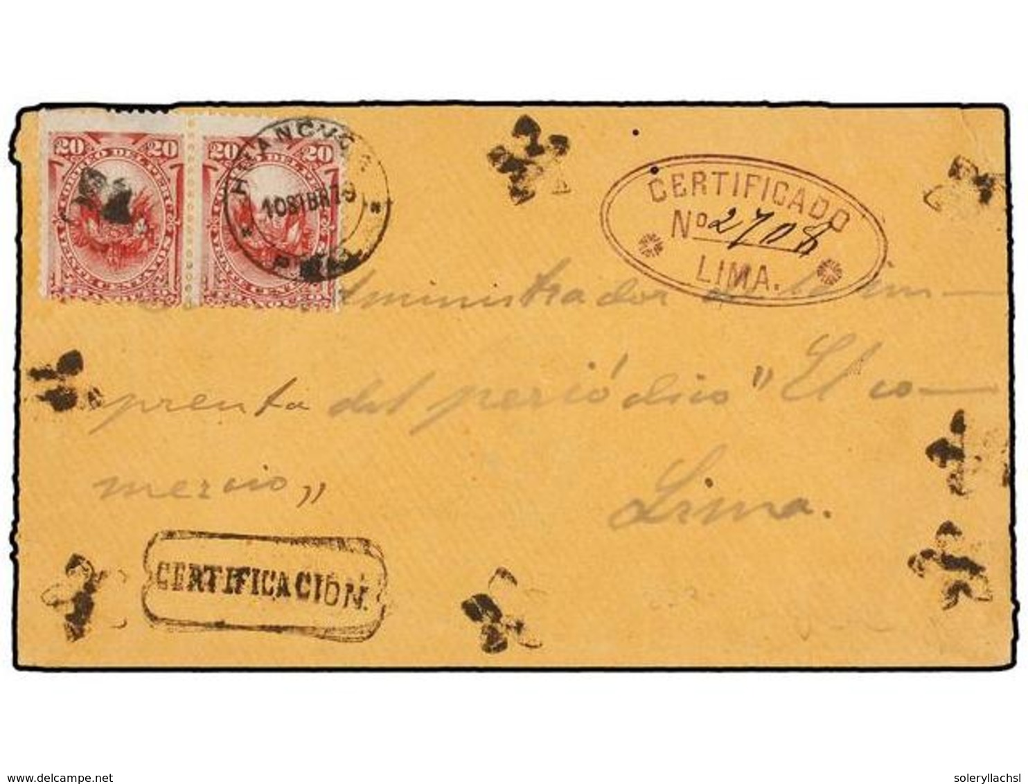 PERU. 1879. HUANCAVELICA A LIMA. 20 Cts. Rojo Carta Certificada, Al Dorso Llegada. - Autres & Non Classés