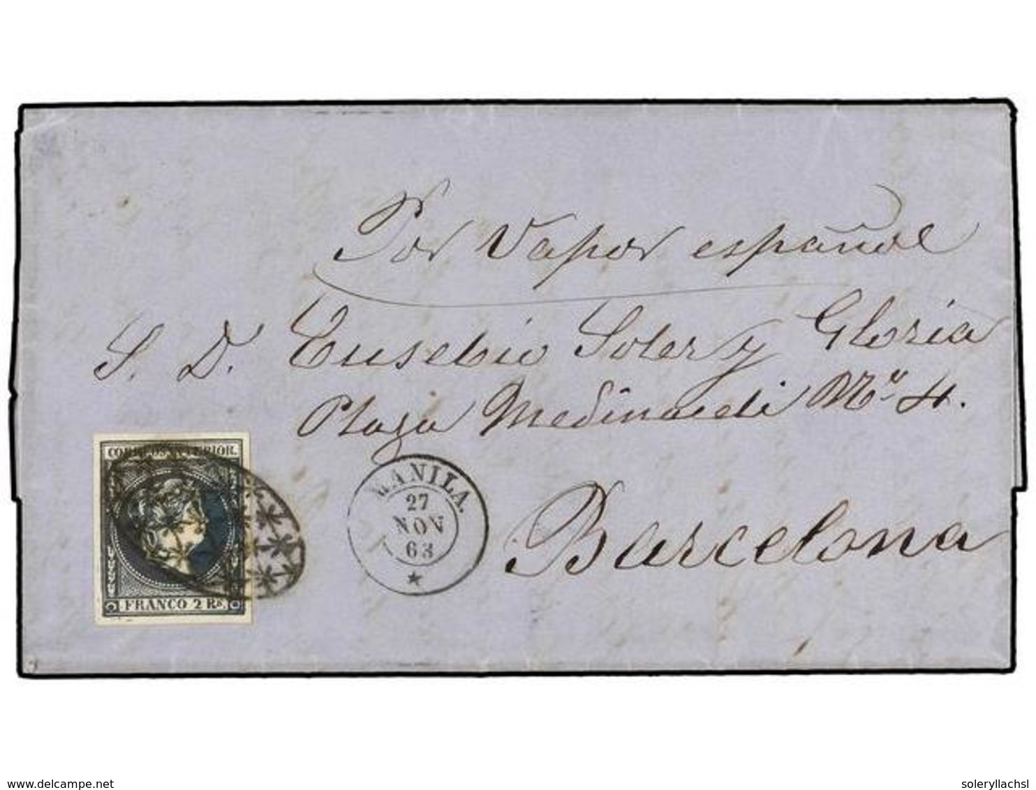 FILIPINAS. Ed.14. 1863. MANILA A BARCELONA. 2 Reales Azul, Mat. PARRILLA COLONIAL Y Fechador MANILA/*. Pieza Excepcional - Sonstige & Ohne Zuordnung