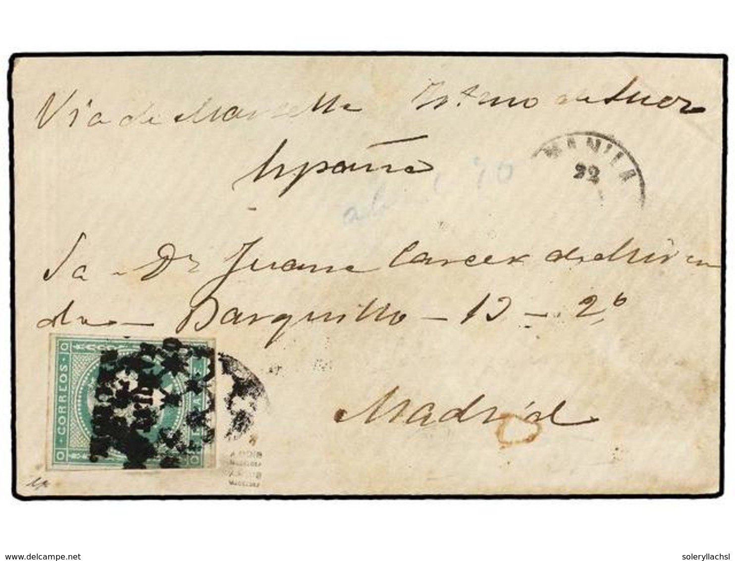 COLONIAS ESPAÑOLAS: FILIPINAS. Ed.20Dh. (1870 CA.). MANILA A MADRID. 1 Real Verde HABILITADO/POR LA/NACIÓN, Al Dorso Lle - Altri & Non Classificati