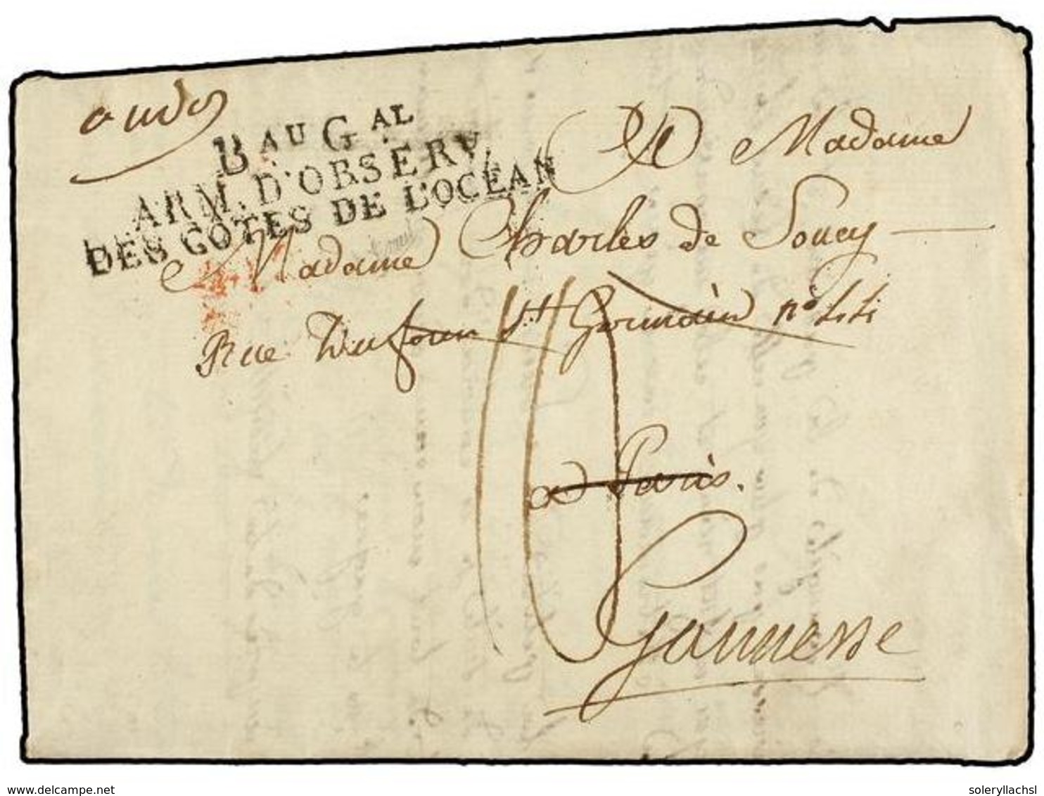 PORTUGAL. 1808 (10 Mayo). ELVAS (Portugal) A FRANCIA. Marca BAU. GRAL/ARM. D'OBSERV./DES COTES DE L'OCEAN. PRECIOSA Y MU - Altri & Non Classificati