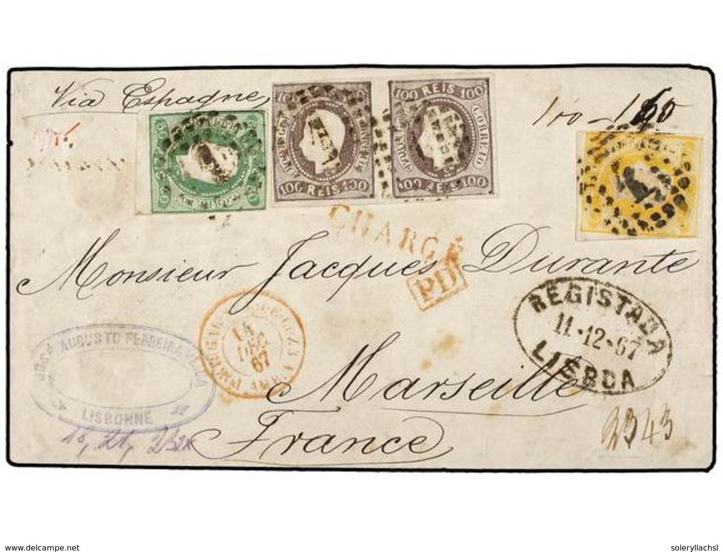 PORTUGAL. Af.20, 23, 25 (2). 1867. LISBOA A FRANCIA. 10 Reis Amarillo, 50 Reis Verde Y 100 Reis Lila (2), Marca Ovalada  - Altri & Non Classificati