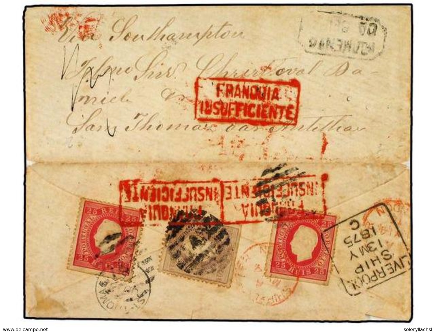 PORTUGAL. 1875. MOIMENTA DA BEIRA (Portugal) To SAN TOMAS (D.W.I.) Cover, Sensibly Opened For Display, Bearing On Revers - Andere & Zonder Classificatie