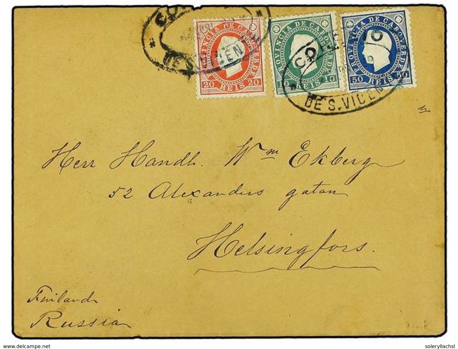 CABO VERDE. 1889 (April 22). Superb Three Colour Franking Cover To HELSINGFORS (Finland) Franked By 1886 10r. Green, 20r - Andere & Zonder Classificatie