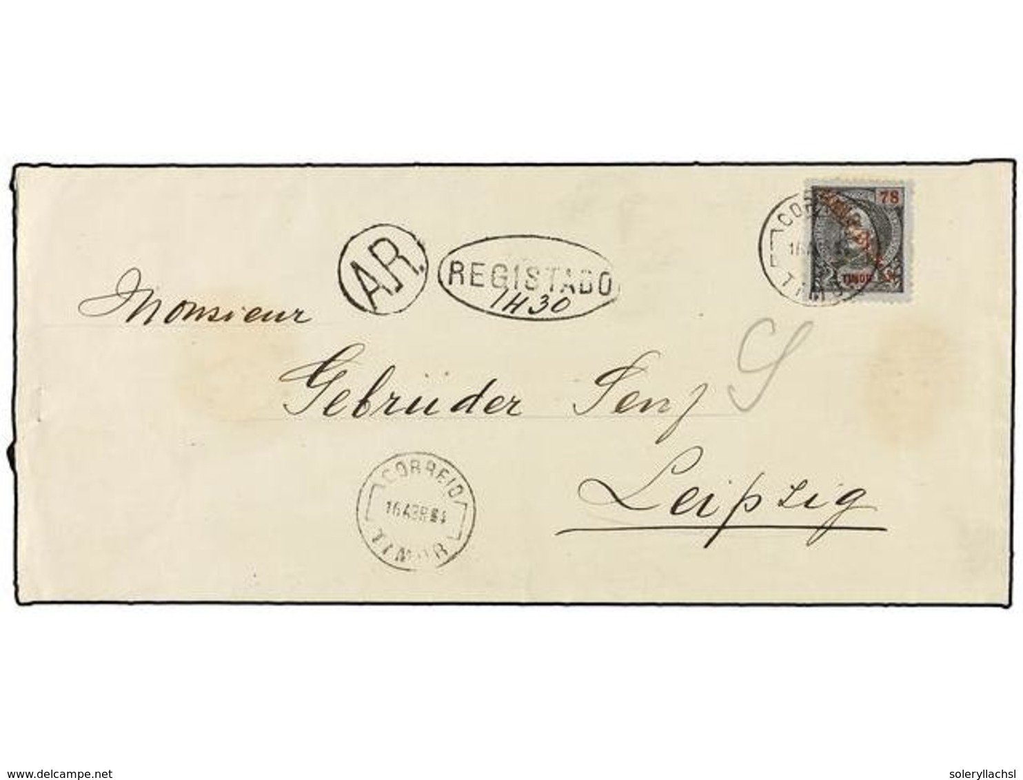 TIMOR. Af.161. 1914. TIMOR A LEIPZIG (Alemania). 78 Reis Gris, Mat. CORREIO/TIMOR Y Marcas REGISTRADO Y A.R. Al Dorso Fe - Autres & Non Classés