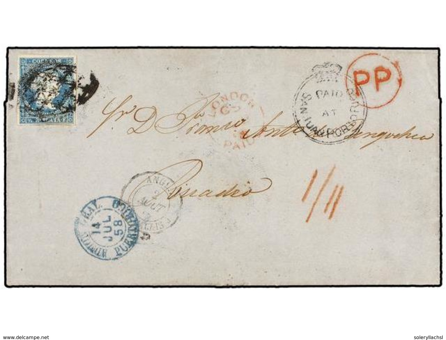 PUERTO RICO. 1858. SAN JUAN A RIBADEO (España). Circulada Con Sello De 1/2 Real Azul, Mat. PARRILLA COLONIAL Y PAID/AT/S - Sonstige & Ohne Zuordnung