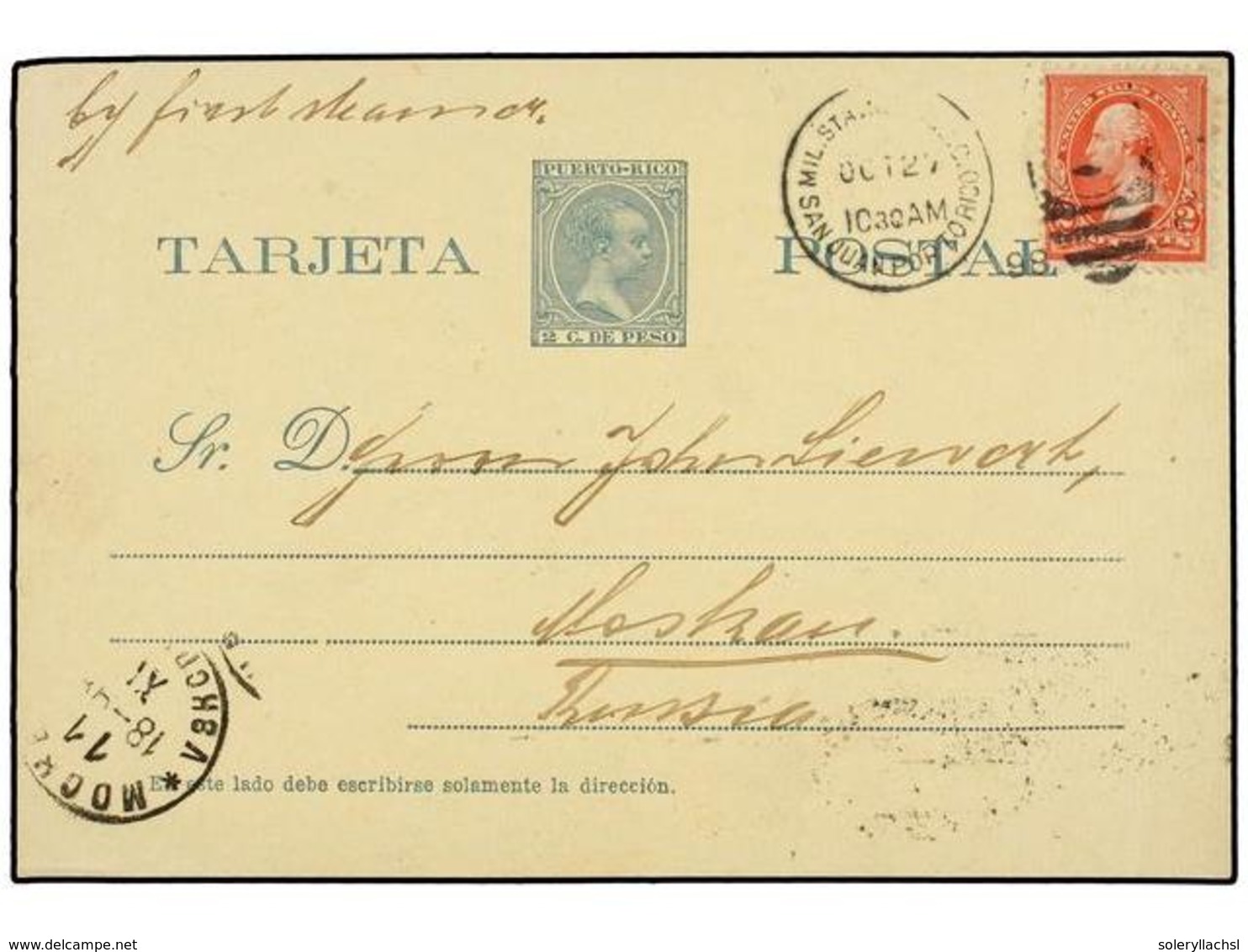 PUERTO RICO. 1898 (27 Octubre). OCUPACIÓN AMERICANA. SAN JUAN A MOSCÚ (Rusia). Entero Postal Español De 2 Ctvos. Verde U - Autres & Non Classés