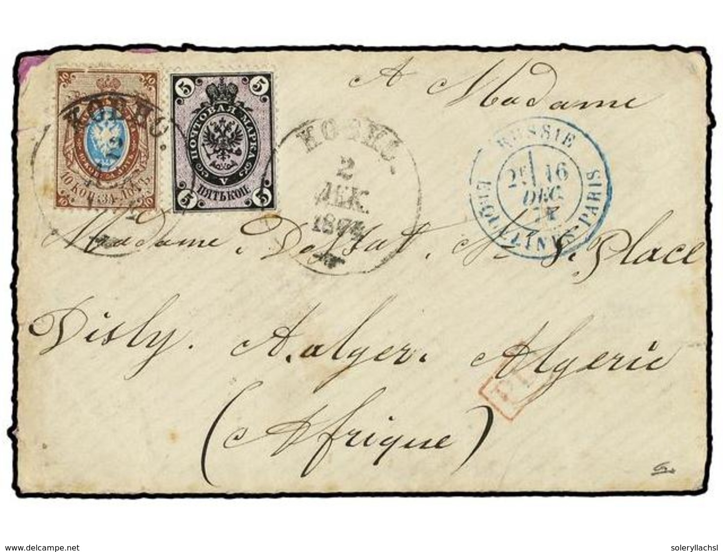 RUSIA. 1874 (Dec). Mourning Envelope From Kovno To Algeria Franked By Arms 1866-70 5k. Black & Lilac And 10k. Brown & Bl - Other & Unclassified