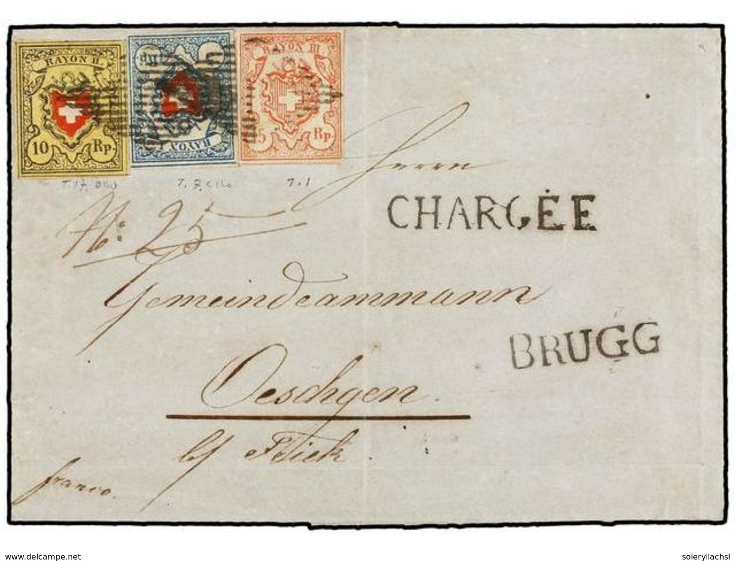 SUIZA. 1852. BRUGG A OESCHGEN. 5 Rp. RAYON I Azul Y Rojo, 10 Rp. RAYON II Negro Y Rojo S. Amarillo, 15 Rp. Rojo RAYON II - Autres & Non Classés