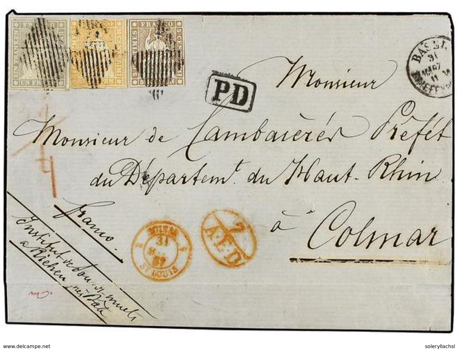 SUIZA. 1857 (March 31st). Cover From Basel To Colmar, Franked By 1854-56 (Berne II) 5r. Brown And Very Fine 1fr. Grey Wi - Autres & Non Classés