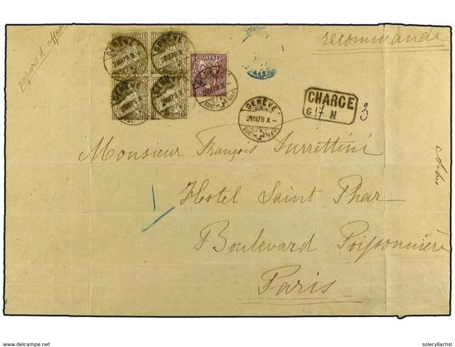 SUIZA. 1879. GINEBRA A PARIS. Envuelta De Paquete Postal Circulado Por Correo Certificado Con Franqueo De 50 Rp. Y Un Bl - Autres & Non Classés