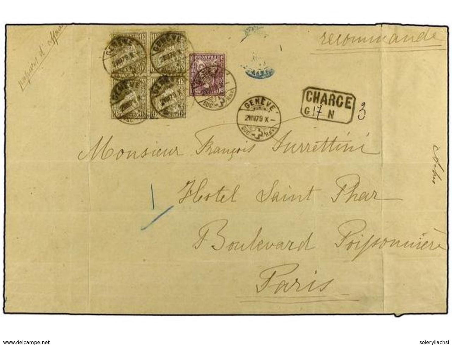 SUIZA. 1879. GINEBRA A PARIS. Envuelta De Paquete Postal Circulado Por Correo Certificado Con Franqueo De 50 Rp. Y Un Bl - Altri & Non Classificati