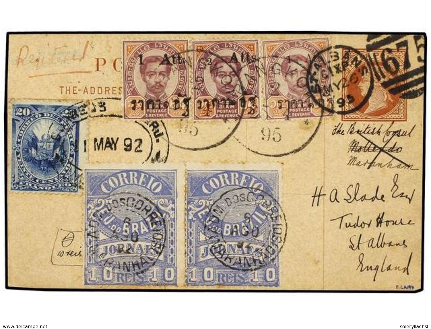 TAILANDIA. 1892-95. REDIRECTED MAIL. MOLLENDO (Perú) To MARANAHO With Perú 20 Cts. Blue. MARANAHO To ENGLAND By Brasil 1 - Altri & Non Classificati