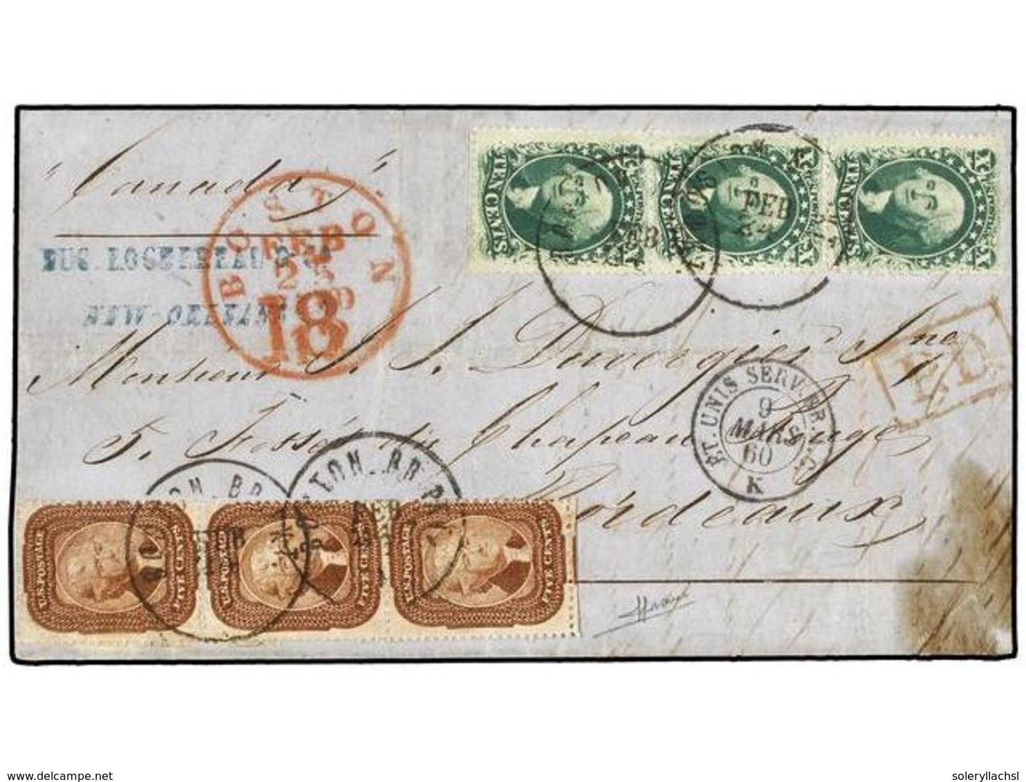 ESTADOS UNIDOS. 1860. Jefferson 5 Cents Marrón En Tira De Tres, Dentado 15 Y Washington 10 Cents Verde Tira De Tres, Den - Andere & Zonder Classificatie