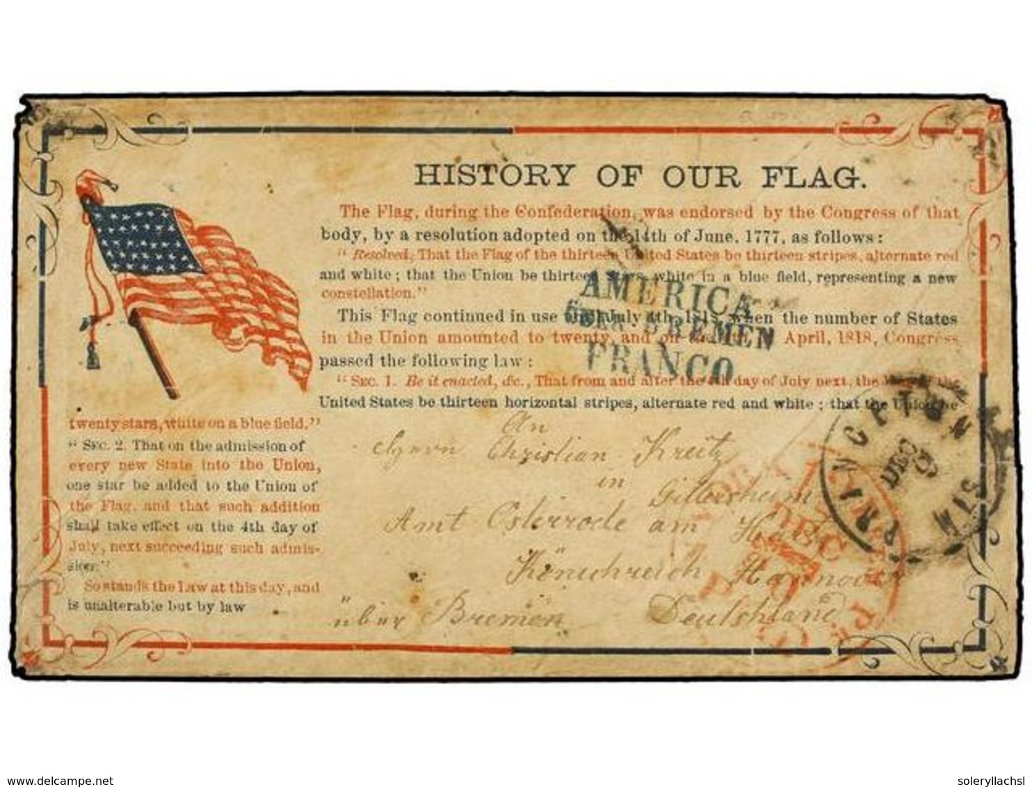 ESTADOS UNIDOS. 1862. PRINCENTON To GERMANY. Patriotic Envelope HISTORY OF OUR FLAG Sent Without Franking. Edge Wear And - Altri & Non Classificati